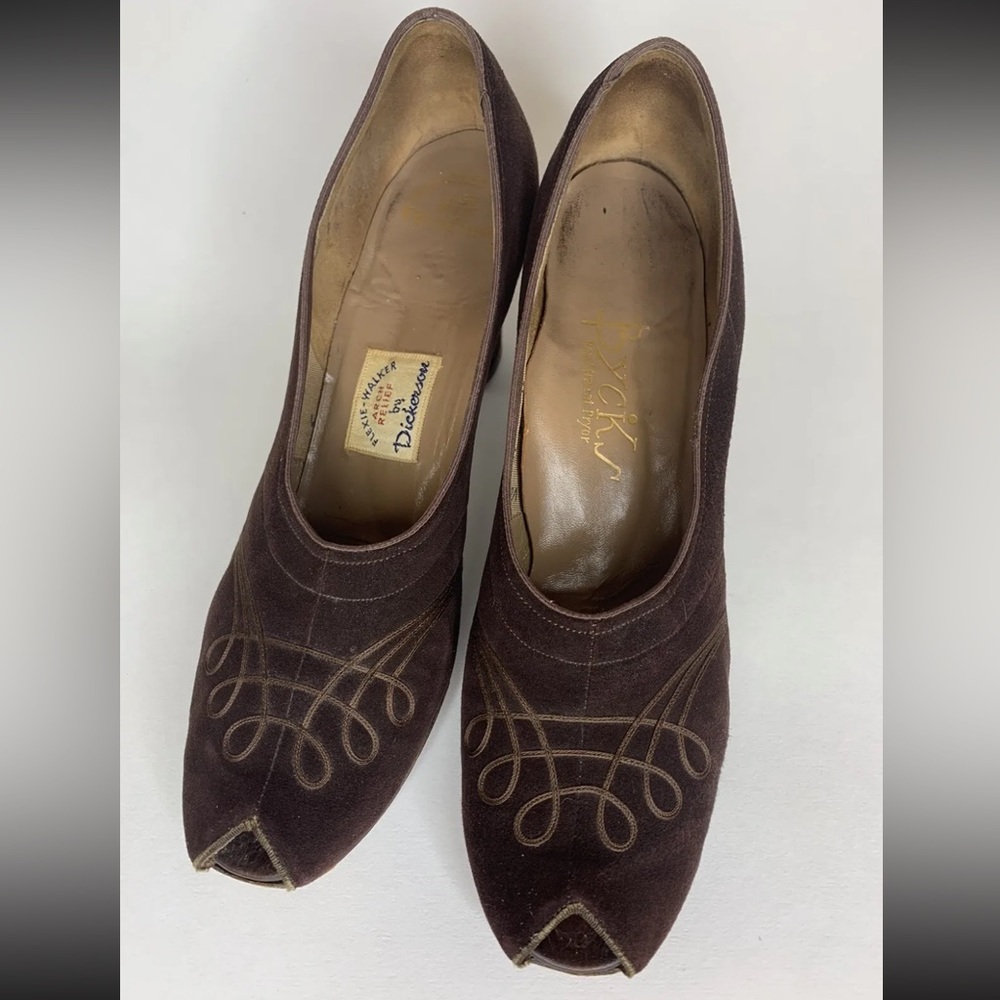 VTG 1930s Peep Toe Suede Heels Pumps Sz 8AAAA - Picture 3 of 6